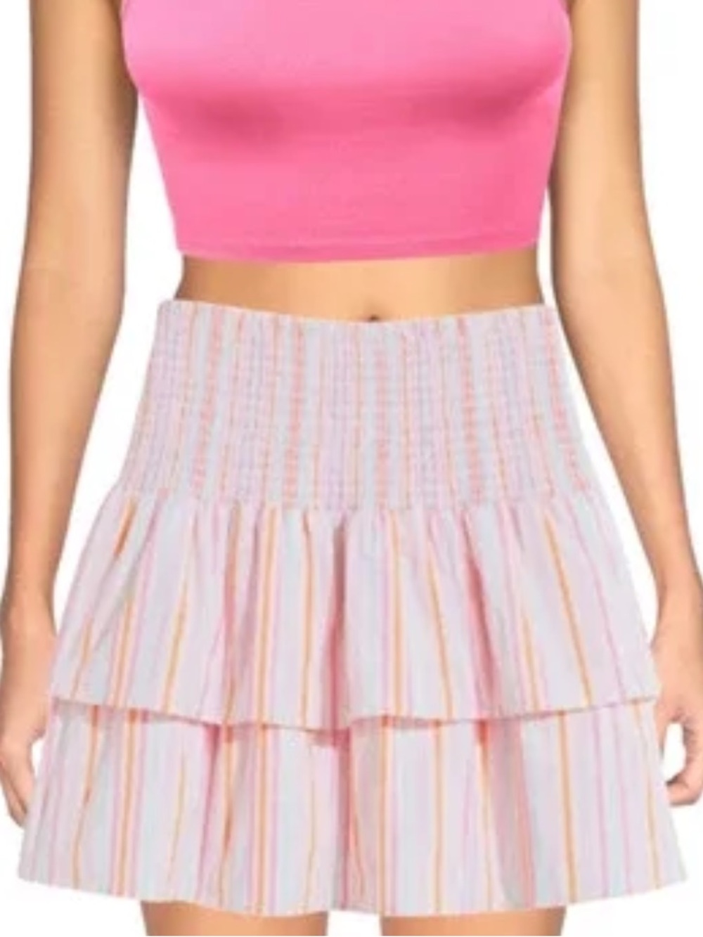 Vineyard Vines Pastel Stripe Ruffled Mini Skirt - Pink, Orange, Mint on White.